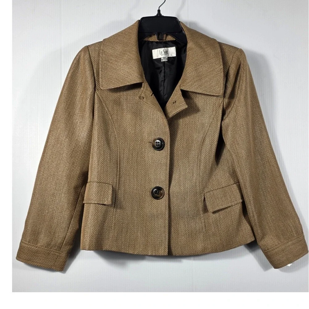 Le Suit Petite Womens Tan Herringbone Blazer Jacket Metallic Gold 8P Business